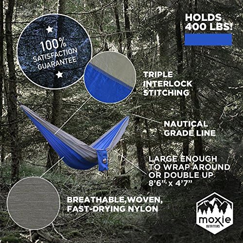 Camping Hammock by Moxie Outfitters - Best Quality Hammock Available - Lightweight &amp; Portable Hammock | Heavy Duty - Holds 400 lbs | Hammock For Backpacking, Hiking, Traveling &amp; More!