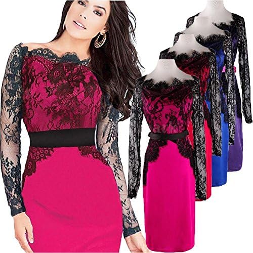 Women's Dress New Fashion Off The Shoulder Floral Lace Color Block Elegant Pencil Dress Purple/Blue/Red