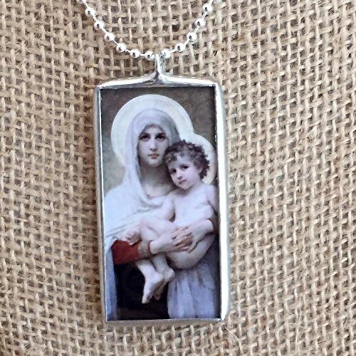Madonna of the Roses William Bouguereau Vintage Fine Art Soldered Glass Pendant Charm Necklace