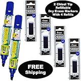 Refillable Dry Erase Markers, Pilot V Board Master, 2 Blue Ink Chisel Tip Markers with 4 Refills, P1a439156p