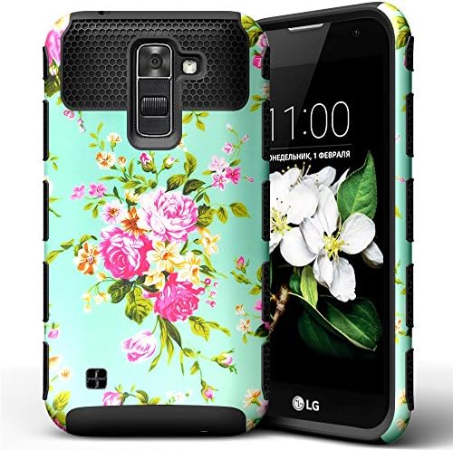 LG K7 Case,CNCASE Dual Layer 2-Piece Peony Style Hybrid Hard Shockproof Bumper Case Cover for LG K7 - Black