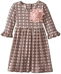Girls Cotton Floral Print Plaid Print Bell Sleeves Applique  Dress