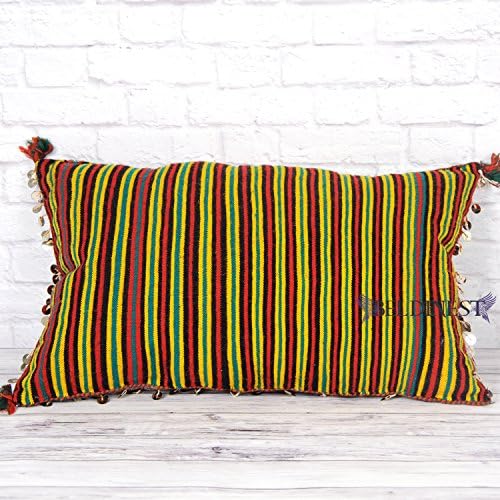 Red Kilim Pillow with Large Decorative Sequins in One Side, Colorful Striped in the Back, Stuffed Decorative Multicolor Kilim Pillow, Colorful Kilim Pillow