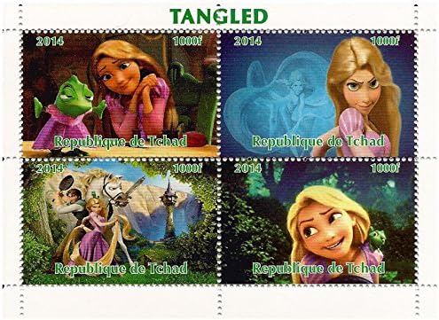 Disney Tangled Movie collectible miniature sheet of 4 stamps with Rapunzel and Flynn Rider / 2014 / Chad