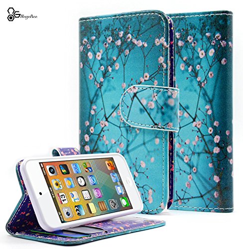 iPod Touch 5 Case, iPod Touch 5th generation Case, NageBee - iPod Touch 5 Design Dual-Use Flip PU Leather Fold Wallet Pouch Case case Premium Leather Wallet Flip Case for Apple iPod Touch 5 5th Generation (Wallet Plum Blossom)