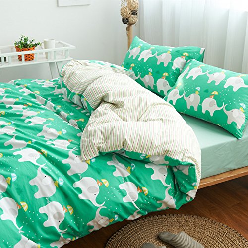 FADFAY Elephant Bedding Sets Kids Green Cotton Duvet Cover Set 4PCS Full  Size