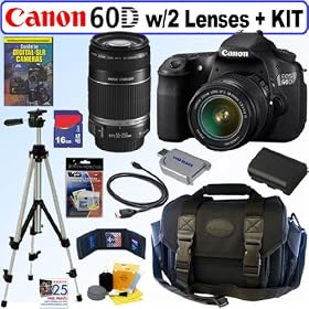 Canon EOS 60D 18 MP CMOS Digital SLR Camera with EF-S 18-55mm f/3.5-5.6 IS Lens & EF-S 55-250mm f/4.0-5.6 IS Telephoto Zoom Lens + 16GB Deluxe Accessory Kit