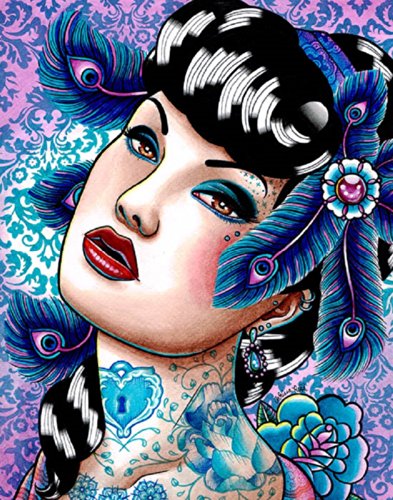 Sapphire Night by Carissa Rose Girl Peacock Feather Tattoo Art Print for Framing