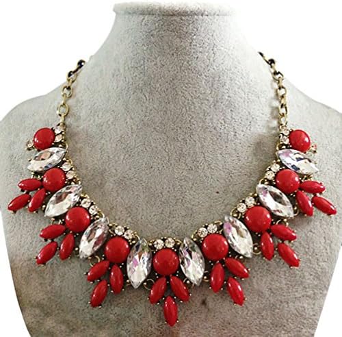 Tingem Women's Fashion U-Style Bees Rhinestone-Studded Bib Statement Necklace (Red)