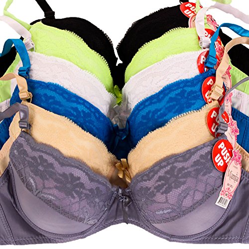 MaMia Women's 6 Push Up Bras Floral Lace Trim Basic Colors