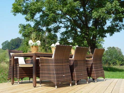 Exklusive Garnitur Classic Line maron 8-teilig mit Teakholz Armlehnen