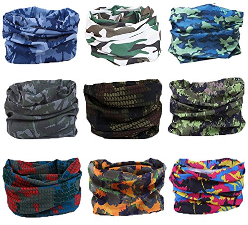 Pack of 9PCS, Outdoor Multifunctional Sports Magic Scarf, Magic Bandanas Tube, Seamless Scarf, Collars Muffler Scarf Face Mask, High Elastic Magic Headband with Uv Resistance, Headscarves, Headbands (Army&Camouflage)