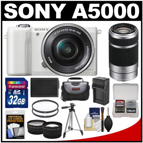 spec Sony Alpha A5000 Wi-Fi Digital Camera & 16-50mm (White) with 55-210mm Lens + 32GB Card + Case + Battery/Charger + Tripod + Tele/Wide Lens Kit
