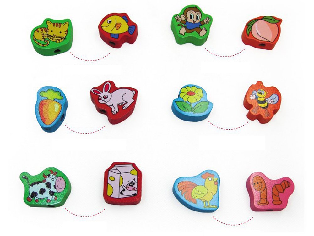 Amazon.com: 66 Pieces Wooden Animals and Foods Lacing Beads Toy ...