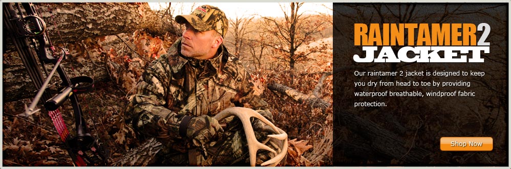 Deer Hunter with Antlers Wearing Russell Outdoors Raintamer 2 Jacket