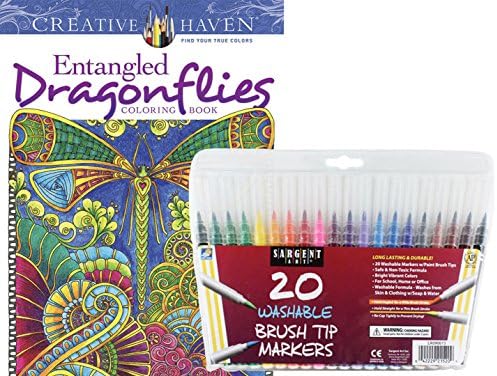 Sargent Art Washable Firm Brush Tip Markers in a Case, Set of 20 and Dover Adult Coloring Book, Entangled DragonFlies: Stress Relieving Patterns to Relax and Enjoy!