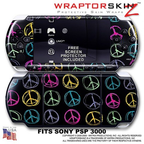Kearas Peace Signs on Black WraptorSkinz Skin and Screen Protector Kit fits Sony PSP 3000