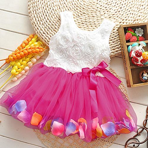 Fairy Season Baby Girl Princess Party Lace Sleeveless Rose Flower Petal Ruffled Dress (3-4 years, Rose Red)