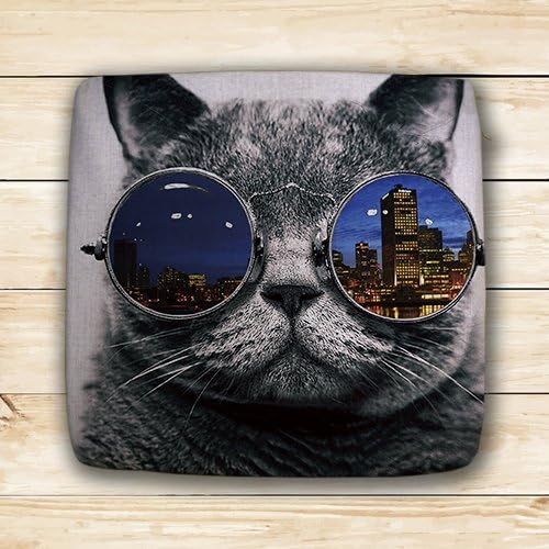 Usaying Galaxy Hipster Cat Theme (3D) Funny Cat Wear Color Sunglasses Cotton Linen Memory Foam Seat Cushion Square 16", one side