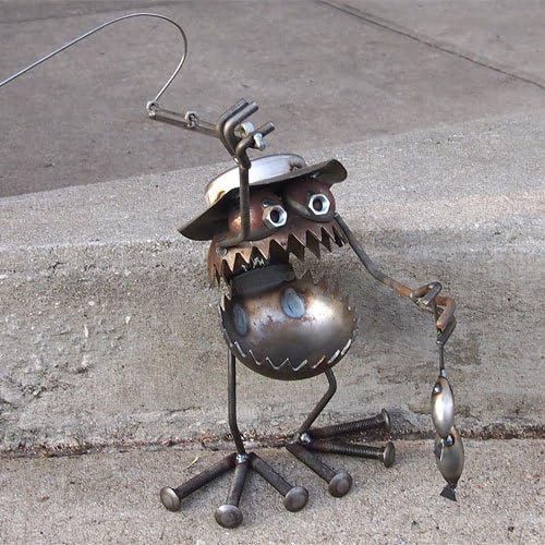Welded Metal Art Gnome Be Gone Fly Fisherman with Fish