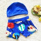 ツバメ--屋 男の子/女の子 キッズ水着 子供水着 スクール水着 スイムウエア UVカット キャップ付 (L（7-8歳）, ブル-)