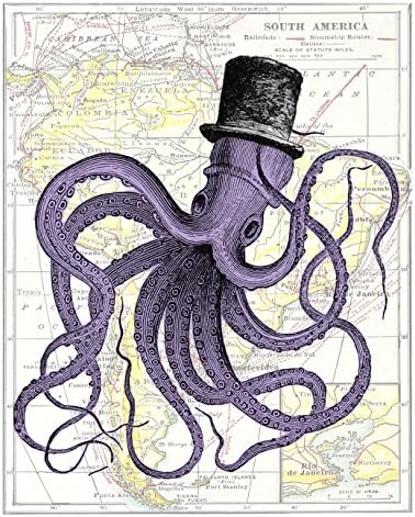 Purple Octopus in a Top Hat, Map Art Print, Giclee Print. Size: 8x10 Inches (OPTHMap810)