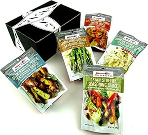 Red Fork Sauces 5-Flavor Variety: One 4 oz Pouch Each of Garlic Roasted Potato Seasoning Sauce, Asian Stir-Fry Seasoning Sauce, Lemon Herb Asparagus Seasoning Sauce, Parmesan Mashed Potato Seasoning Sauce, and Balsamic Cherry Tomato Skillet Sauce in a Gift Box