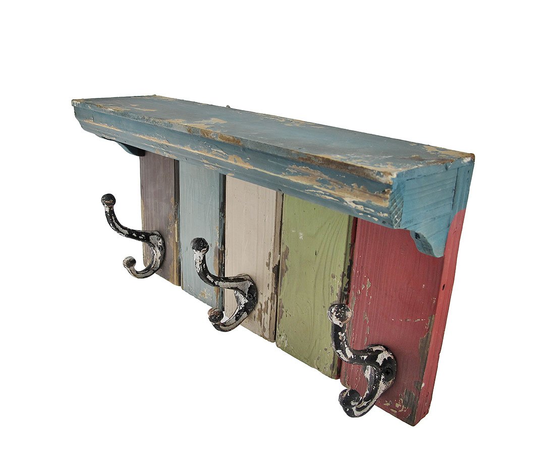 Vintage Look Multicolored Wooden Wall Plaque with Metal Hooks/Shelf