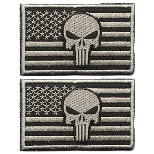 2 Pack Punisher Skull American USA Flag Velcro Patch Tactical Decorative Embroidered Badge Moral appliques (Grey)