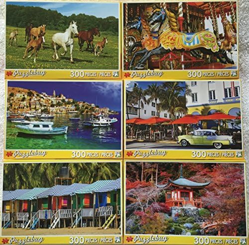 Bundle Lot of 6 Puzzlebug 300 Piece Puzzles by LPF: Running Free ~ Carousel ~ Symi Island ~ Ocean Drive ~ Colorful Huts ~ Japan Temple