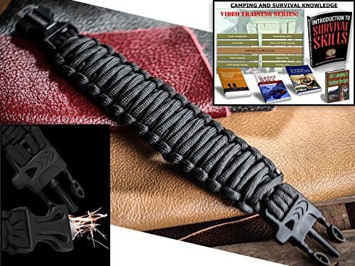 Paracord Bracelet Survival Emergency Kit 550 Parachute cord with Whistle Flint Fire Starter With MONEY BACK LIFETIME GUARANTEE (Black, Large)