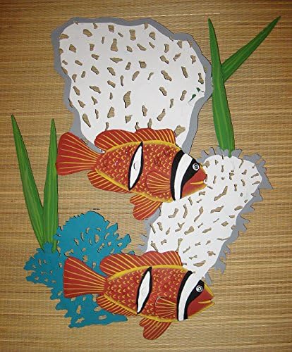 Hand Painted Metal Art One Piece, 3d, 2 Queen Angel Fish, 3 Fan Coral and 4 Sea Leafs Wall Sculpture