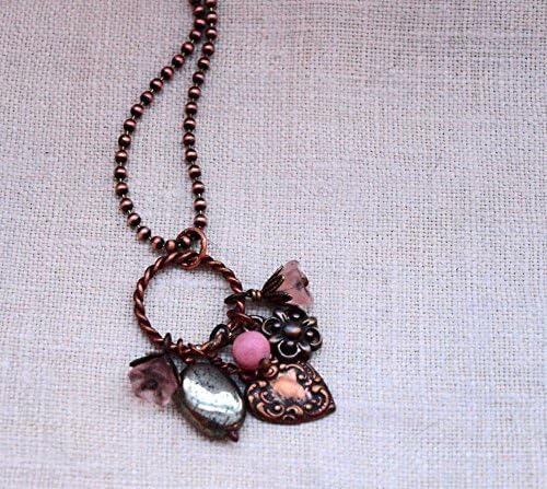 Copper Charm Necklace, Hearts and Flowers Charms