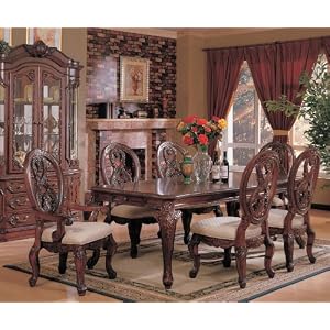 7pc Formal Dining Table and Chairs Set Cherry Brown Finish