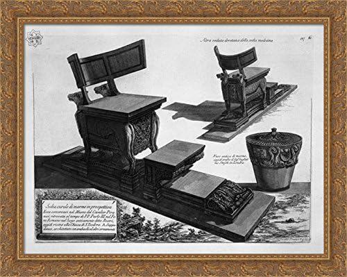 Curule chair of marble found at the Rostra in the Roman Forum, and a marble vase 36x28 Large Gold Ornate Wood Framed Canvas Art by Giovanni Battista Piranesi