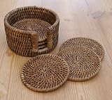 SET OF 6 RATTAN ROUND COASTERS AND CADDY
