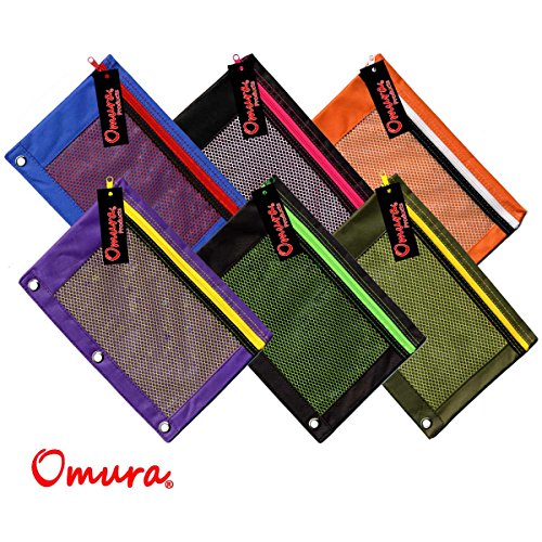 OMURA Zippered PENCIL POUCH ASSORTED COLOR w/ Mesh Windows & Standard 3-Ring Binder, PACK OF 6