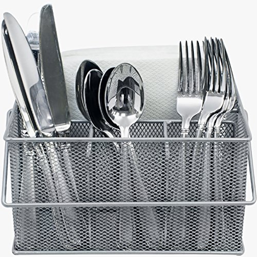Sorbus® Utensil Caddy — Silverware, Napkin Holder, and Condiment Organizer — Multi-Purpose Steel Mesh Caddy—Ideal for Kitchen, Dining, Entertaining, Tailgating, Picnics, and much more (Silver)