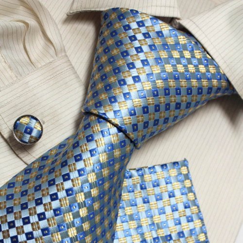 Gold Plaid Woven Silk Tie Handkerchiefs Cufflinks Present Box Set BLUE personalized gift H6080