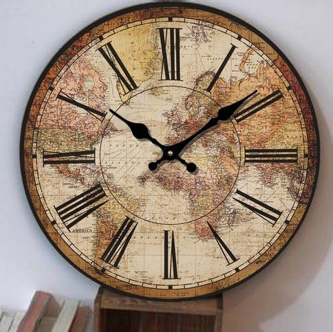 Schmuckbox World Map Vintage French Country Tuscan Style Non-Ticking Silent Wood Wall Clock (14 inch World Map)