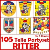 Produkt-Bild: 105-teiliges RITTER PARTY SET f&uuml;r Kindergeburtstag mit 8 Kinder: Teller, Becher, Servietten, Einladungen, Partyt&uuml;ten, Wimpelkette, Luftschlangen, viele Luftballons, u.v.m. von FOLAT // Geburtstag Feier Fete Party Drachen Kunibert