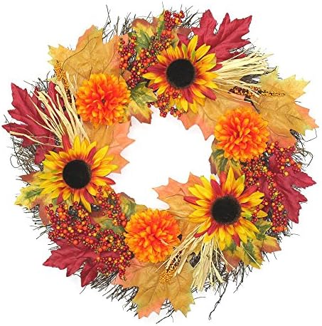 22" Fall Leaves Front Door Wreath With Berries, Sunflower and Dahlia Home Accent Floral Decoration For Autumn, Thanksgiving, Winter, Halloween, Harvest Decor