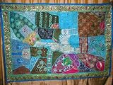 Free Ship Wall Decor- Blue,green Bead Moti Antique India Wall Hanging Tapestry 60 X 40 Inches