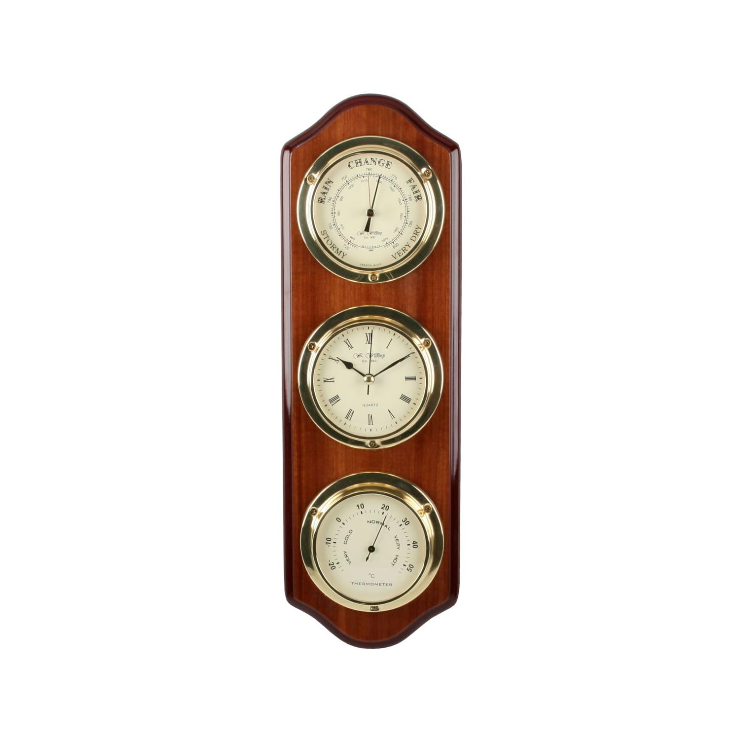 Classic Combo Clock & Barometer Thermometer Set mounted on Wooden