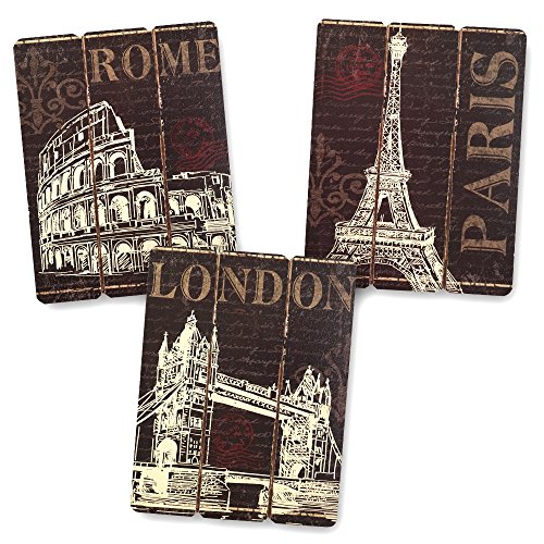 Paris, london and rome wooden wall art home decor, set …