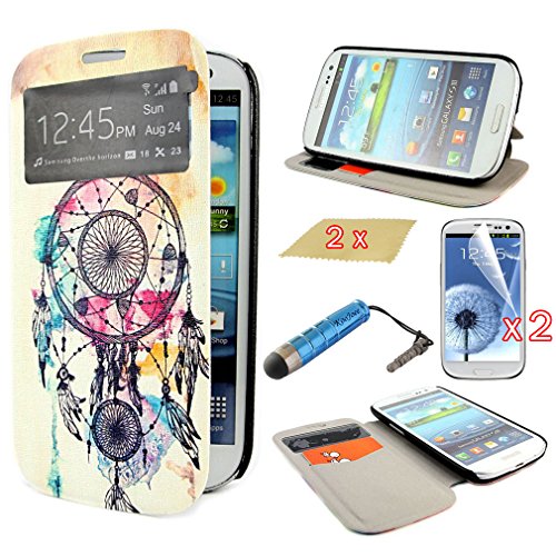 KooJoee(TM) Slim Flip Cover Folio PU Leather Case with View Window for Samsung Galaxy S3 S III i9300 + One KooJoee Stylus + Two Screen Protectors + Two Microfiber Cloth (Windmill Dream Catcher)