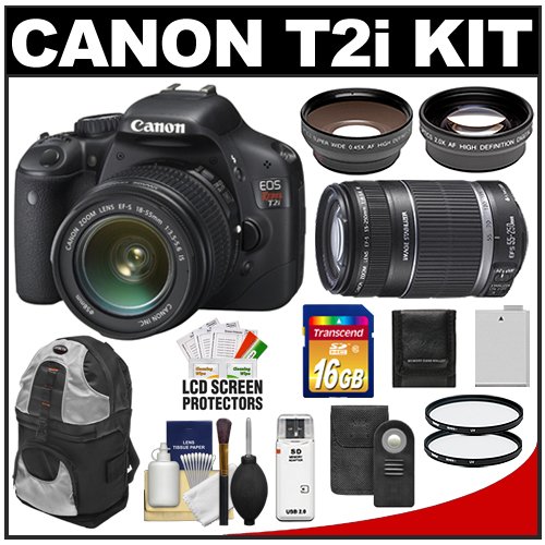 Canon EOS Rebel T2i Digital SLR Camera Body & EF-S 18-55mm IS Lens (Black) with 55-250mm IS Lens + 16GB Card + 2x Telephoto & .45 Wide-angle Lens + (2) Filters + Backpack + Remote Kit