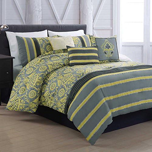 Elegant Solid Reversible Down 5 Piece Bedding Set, Grey/Yellow