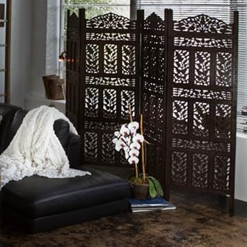 Flower Jali 4-Panel Screen in Weathered Black