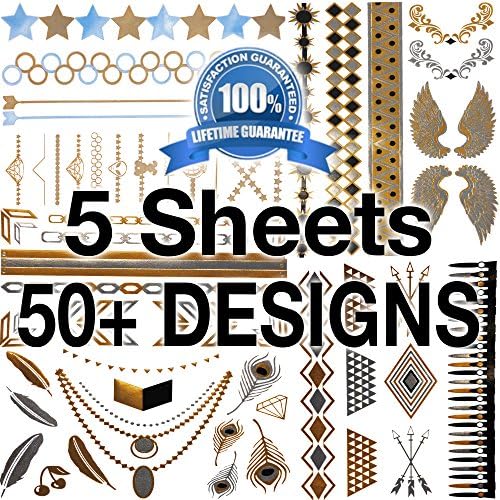 [5-PACK] Flash Metallic Temporary Tattoos for Women, Men, Kids - 5 Sheets Pack, OVER 50 Tattoo Designs